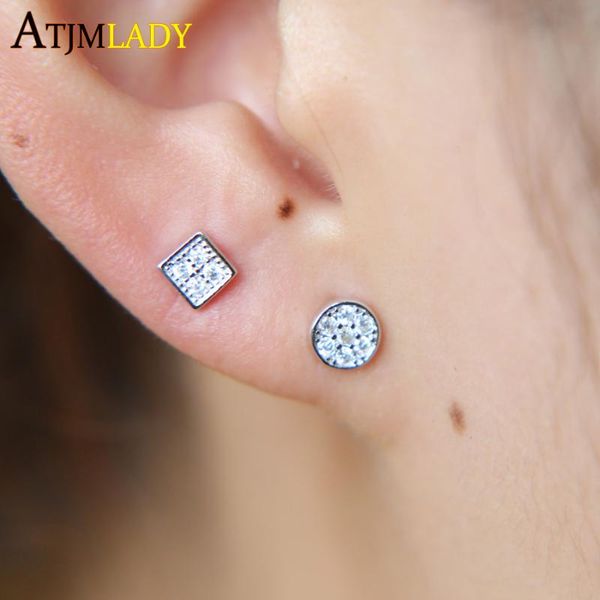 

new arrive simple tiny cute geometric shape pave cz small round square shape stud 925 sterling silver dainty earring, Golden;silver