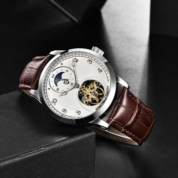 

wristwatches pagani design luxury sports watch mechanical men leather tourbillon automatic 100m waterproof reloj hombre, Slivery;brown