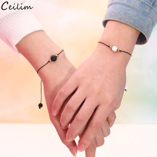 

2pcs/set natural white black lava stone charm bracelet handmade adjustable rope friendship bracelets women men couple jewelry, Golden;silver
