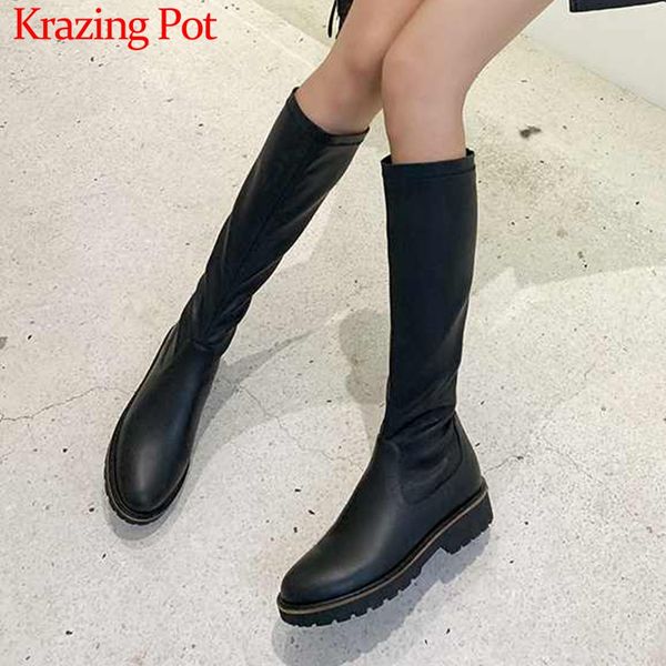 

krazing pot comfortable cow leather fashion round toe med heels black colors winter classic keep warm women thigh high boots l69