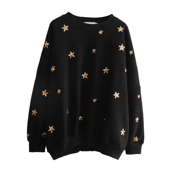 

women autumn winter crew neck black star sequined bling sweatshirts pullovers casual h0037 drop shipping good quality