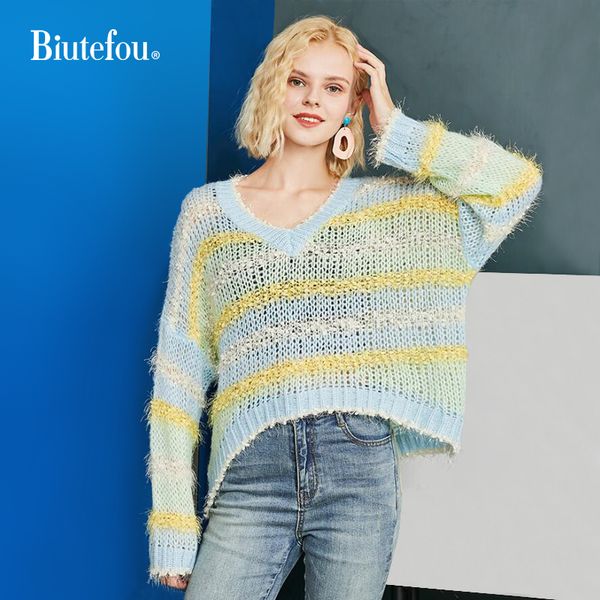 

2020 autumn new arrival knitted fashion women v-neck long sleeve sweaters, White;black