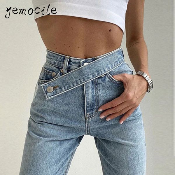 

vintage asymmetric waist straight woman jeans high waist denim wide leg pants loose boyfriend jeans 2020 autumn, Blue