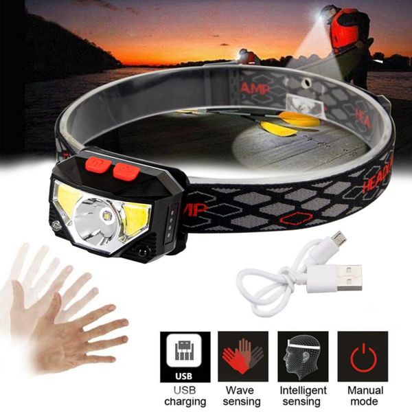 

highlight gesture sensor headlamp usb rechargeable led headlight body motion induction head camping torch light lamp