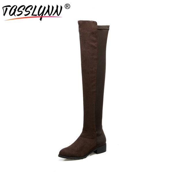 

tasslynn 2020 women boots med heels slim look over the knee boots zippers heels spring and autumn women shoes square size 34-43, Black