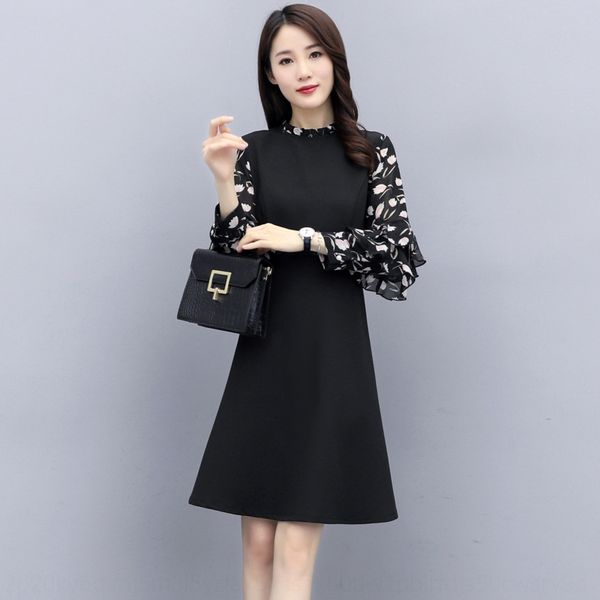 

spring and autumn mid-length 2020 new women's clothing korean style slim fit slim temperament ashaped dressdress dressstitching floral, Black;gray