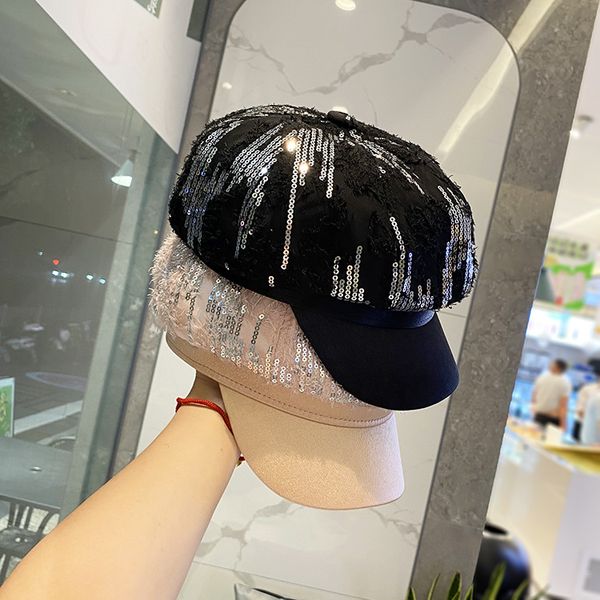 

202007-saopai sequin fashion feather leisure lady octagonal hat women visors cap, Blue;gray