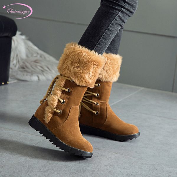 

korean casual style winter warm plush mid-calf boots fashion lace-up platform wedge low heel snow boots women's shoes, Black