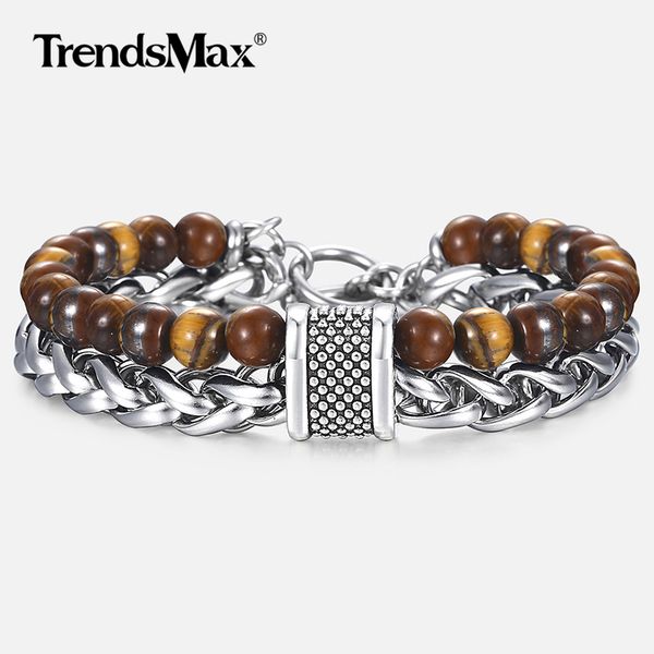 

link, chain tiger eye stone men's beaded bracelet stainless steel wheat male wristband drop gifts for men 7.87" dbm47, Black