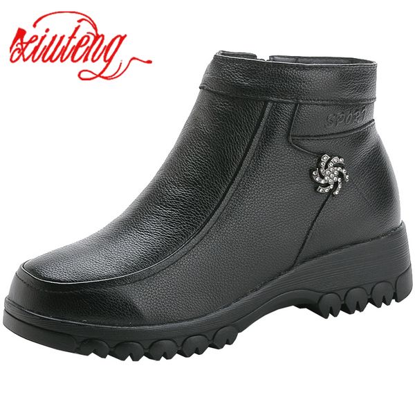 

xiuteng winter new women shoes woman genuine leather flat ankle boots elderly plus size 41 warm snow boots mother cotton shoes, Black