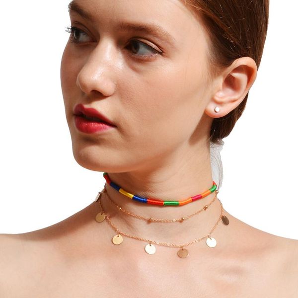 

chokers women's jewelry vintage celebrity multi-layer sequin pendant necklace simple copper beads short ladies, Golden;silver