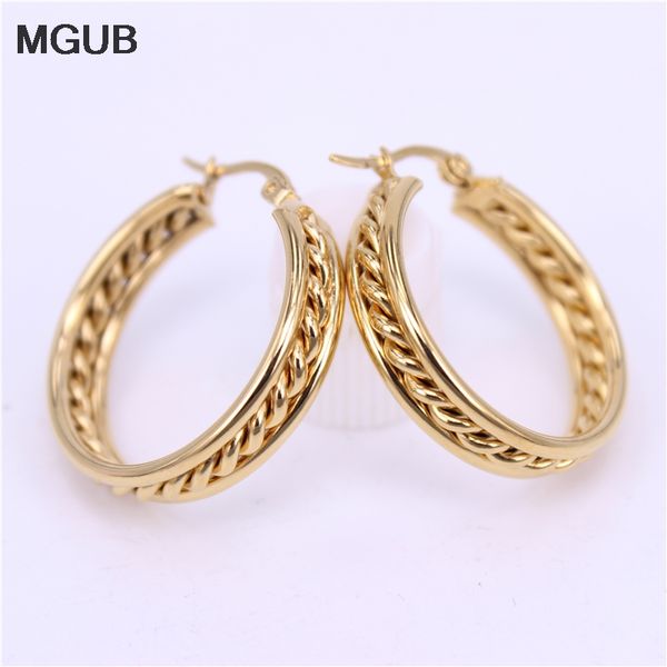 

hoop & huggie mgub stainless steel braid earring gold color 6mm wide fashion women's accessories 30mm size discount wholesale lh517, Golden;silver