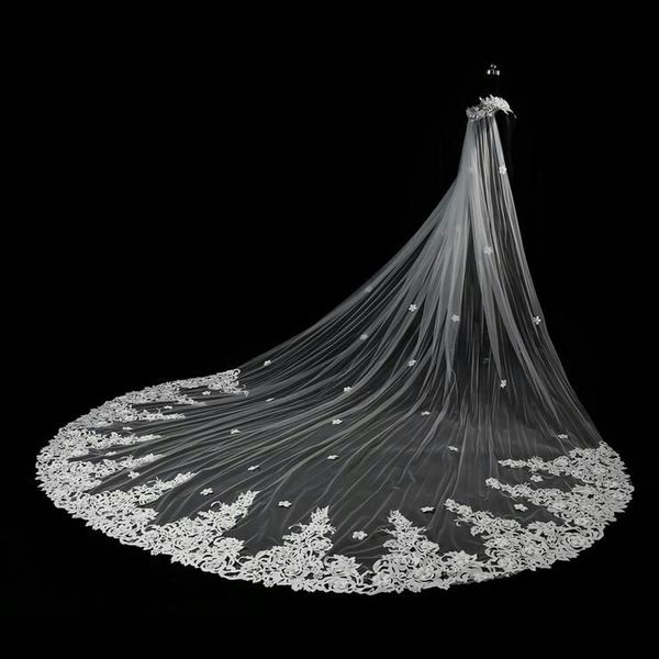 

2021 3 meters cathedral bridal veils lace edge wedding wraps white ivory soft tulle white ivory one layer with comb, Black