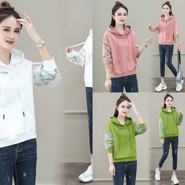 

57w76156-12020 close-fitting stickersweater body sticker autumn loose and comfortable flesh-covering slimming stamping flower stitching, Black