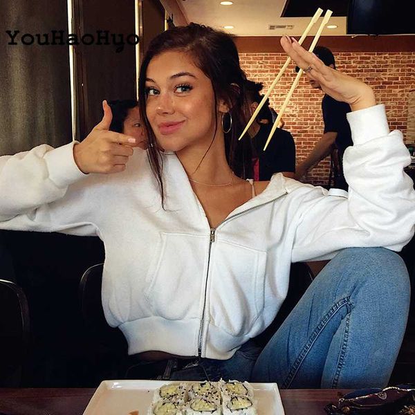 

zip-up autumn winter women hoodies pockets slim crop jacket female clothes drawstring white hoody cotton coats, Black