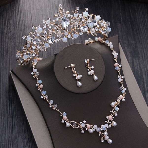 

noble crystal beads pearl gold bridal jewelry sets rhinestone diadem tiaras necklace earrings baroque crown wedding jewelry set, Silver
