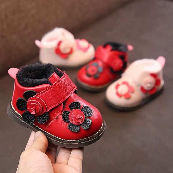 

winter new style girl' shoes korean-style flower soft-sole warm shoes baby plus velvet short boots 0-2-year-old, Black;grey