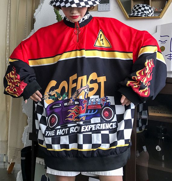 

kawaii oversize personality autumn korean women's clothing harajuku pullover racing car print zipper full hoodies sweatshirts, Black