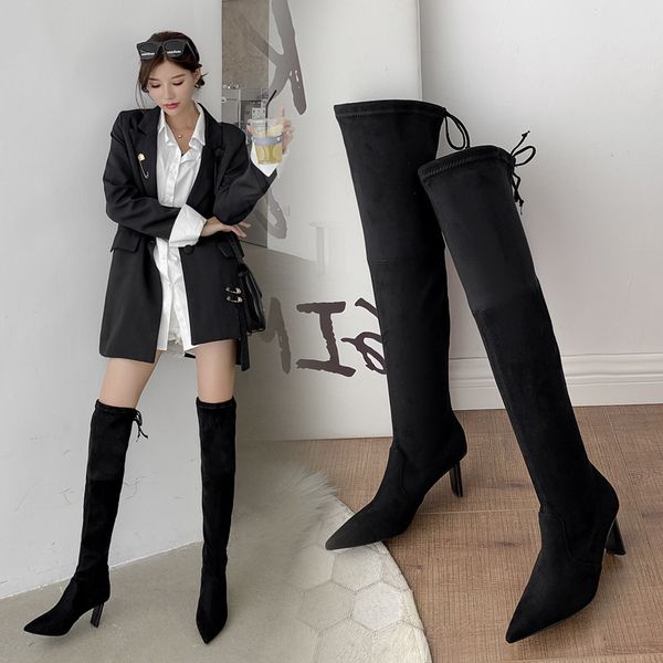 

shoes boots boots-women booties woman 2020 high heels stiletto rubber low pointy ladies over-the-knee basic, Black