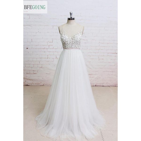 

white v-neck appliques tulle floor-length a-line wedding dress sleeveless real/original ps custom made, Blue;red