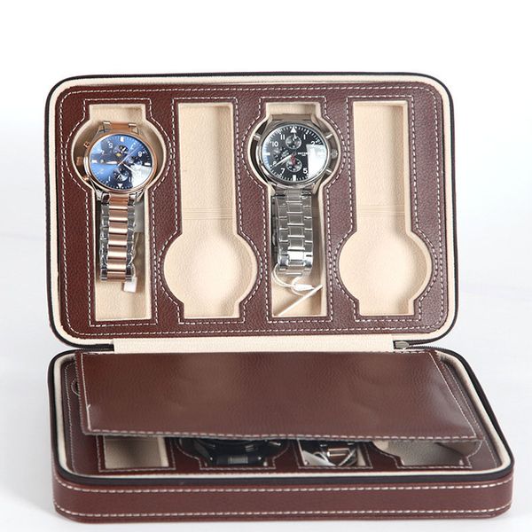 

newly portable 2 4 8 grids travel watch box pu leather zipper storage case watch organizer fif66, Black;blue