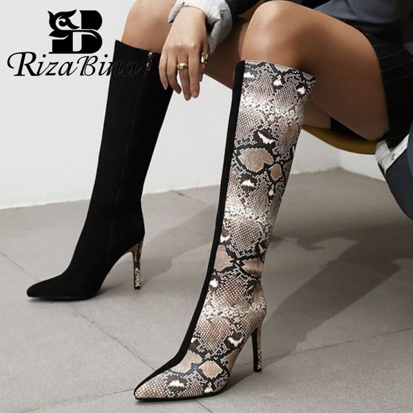 

rizabina size 31-43 women knee boot thin high heel winter shoes woman warm zipper long boot fashion party lady footwear, Black