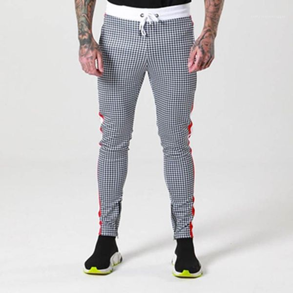 

pencil pants homme high street fitness pants mens plaid slim fit pants zipper mid waist sport, Black