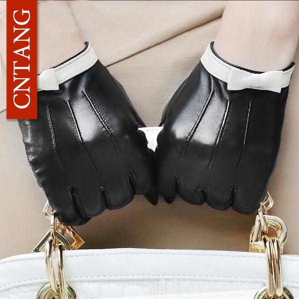 

fingerless gloves black short for women fashion white border bow pu leather female winter warm velvet touchscreen, Blue;gray