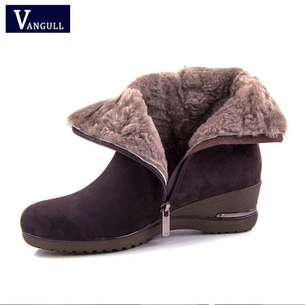 

vangull women genuine leather wool ankle boots winter warm wedges heels soft snow boots female casual fur plush insole shoes, Black