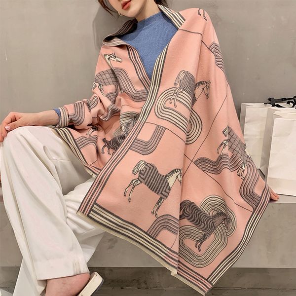 

2020 winter cashmere scarf women animal horse print thick warm shawls and wraps designer blanket cape, Blue;gray