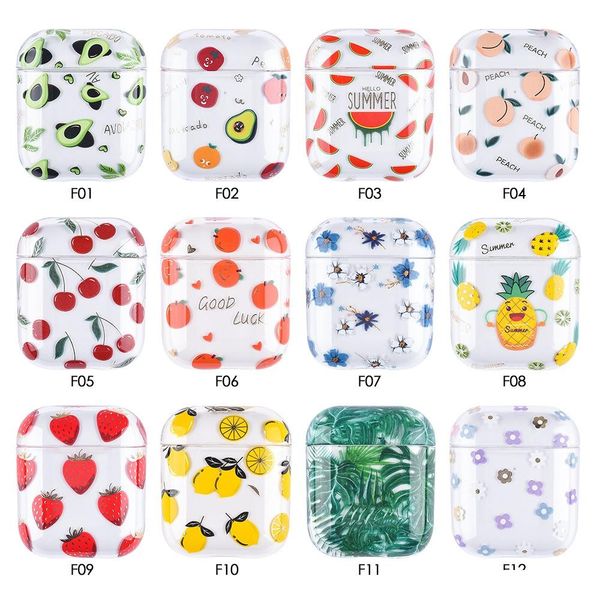 

fruit cherry watermelon orange pineapple flower printing clear transparent pc hard headset case for aiprods 1/2 protector earphone case