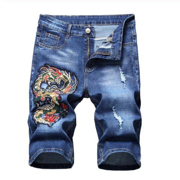 

men's jeans male fashion casual dragon embroidery patch denim shorts summer trendy slim black blue ripped knee length capri