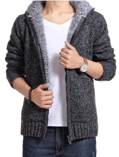 

men's sweaters mens plus size thick velvet fluffy sweater coat hooded large long sleeve knitted cardigan grey wool male 2xl, White;black