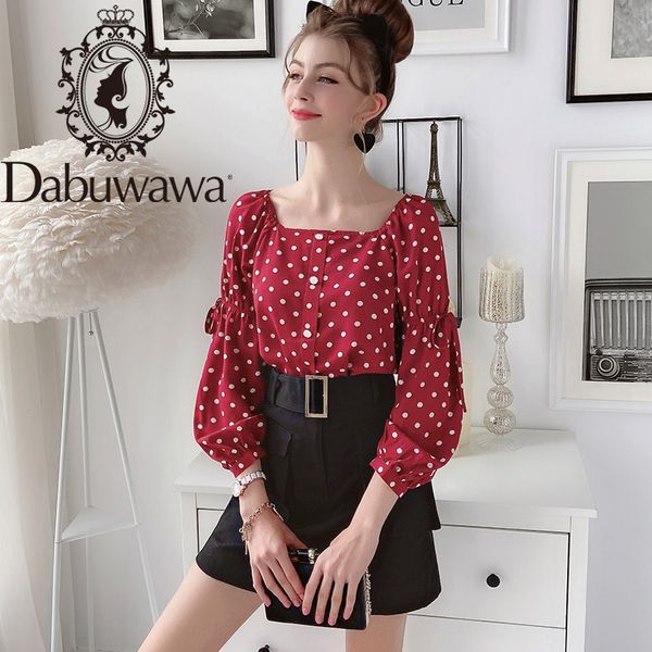 

dabuwawa burgundy lantern sleeve square neck blouse modern lady elegant single breasted dot print blouses women dt1cst030, White