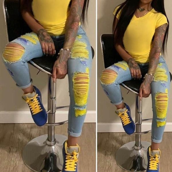 

women's jeans fashion ripped for women yellow scratch denim trousers high waisted skinny pencil pants hollow out female jean mujer, Blue