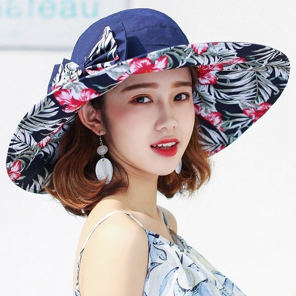 

wide brim hats reversible summer hat for women superlarge beach cap sun female england style girls bow fedora, Blue;gray