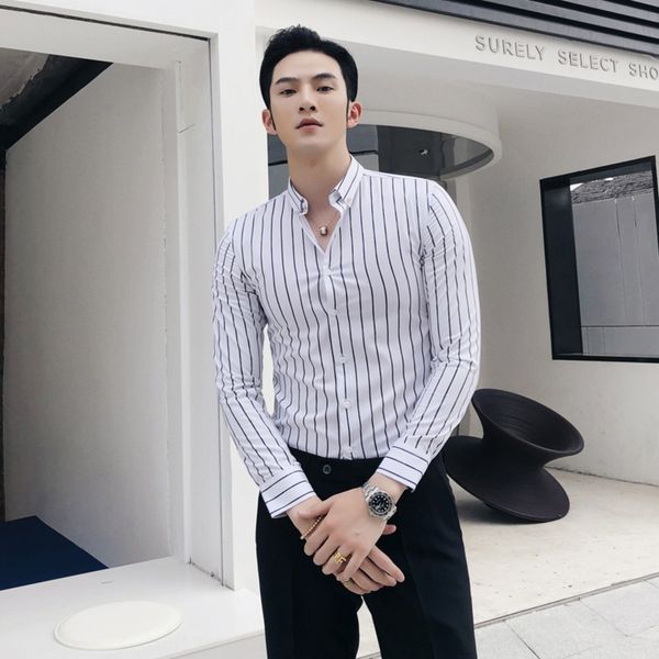 

british style autumn new striped handsome slim young british style autumn new men's striped shirt handsome slim young men's shirt, Blue