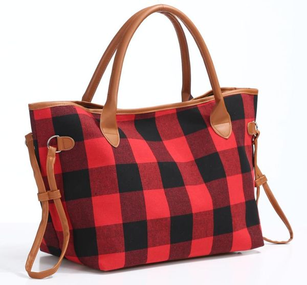 

10pcspersonalize women tote bag black and red plaid christmas fashion handbag with faux leather handle and bottom