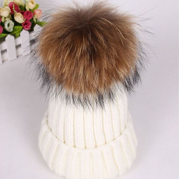 

beanie/skull caps winter knitted real fur hat women thicken beanies with 15cm raccoon pompoms warm girl snapback pompon beanie hats, Blue;gray