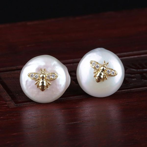 

micro pave white clear cz tiny honeybee bee insect charms natural coin freshwater pearl bead charm stud earring for women, Golden
