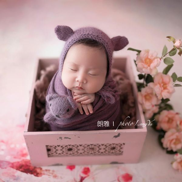 

angora teddy bear bonnet toy set purple knitted newborn hat stuffed bear lovely baby animal hat newborn pgraphy props, Yellow