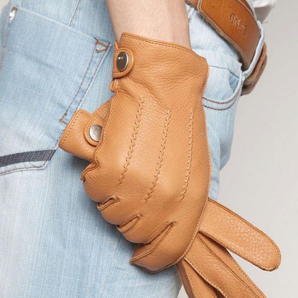 

fingerless gloves fashion 2021 luxury men deerskin button wrist solid genuine leather male winter driving glove em012wr, Blue;gray