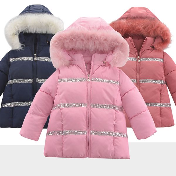 

baby girl clothes winter striped down jacket cotton-padded jacket children's thick warm girl fur collar hooded, Blue;gray