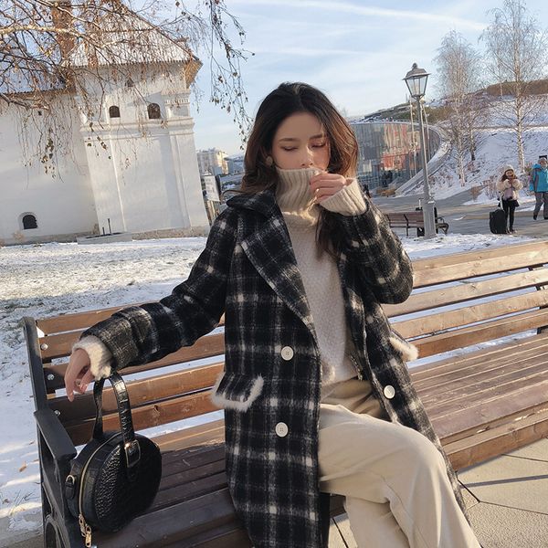 

2020 women new winter clothing thicken woolen jacket female korean version of the long loose plaid woolen coat, Black