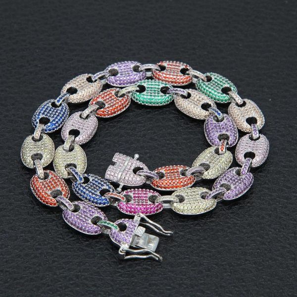 

hip-hop men's rainbow necklace gold/silver color plated micro pave multi cz stones 13mm oval link chain necklaces for gift