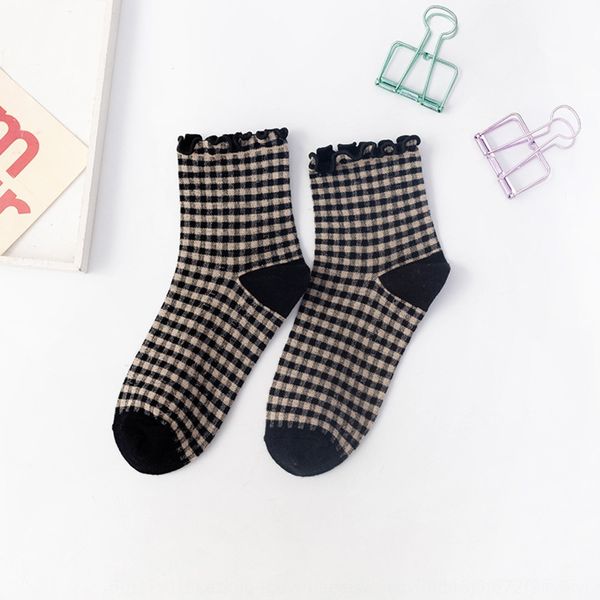 

korean plaid lace mid-calf socks ins lace stockings stockings girls' wooden ear color luo lita cotton long socks ins fashion 6jct3, Black