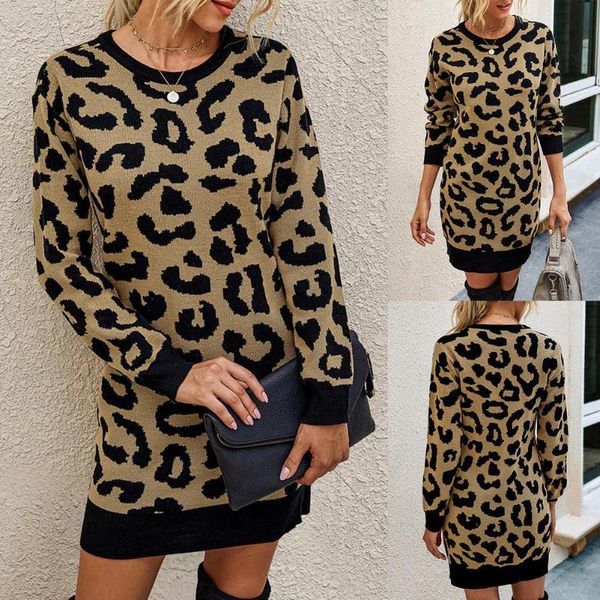 

women winter long sleeve mini bodycon sweater leopard print knit pullover long outwear thin outdoor sports street shopping wear, White;black