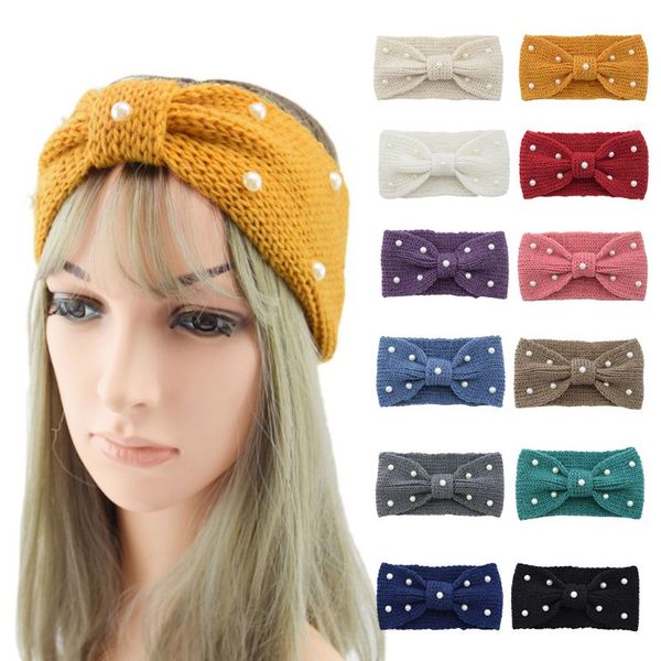

hair accessories women winter crochet knitted headband solid color imitation pearl beads hairband cute bowknot elastic ear warmer turban