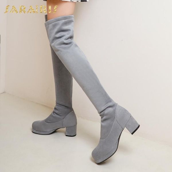 

sarairis 2020 thick heels concise shoes woman boots female slip on platform plus size 48 over the knee boots ladies, Black