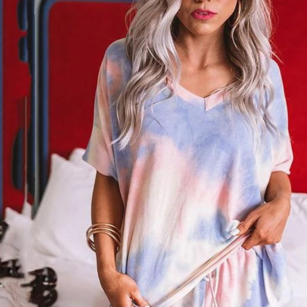 

пижамы женщин моды женщин tie краситель leopard короткий рукав пижама set lounge top short пижамы dropshipping, Gray